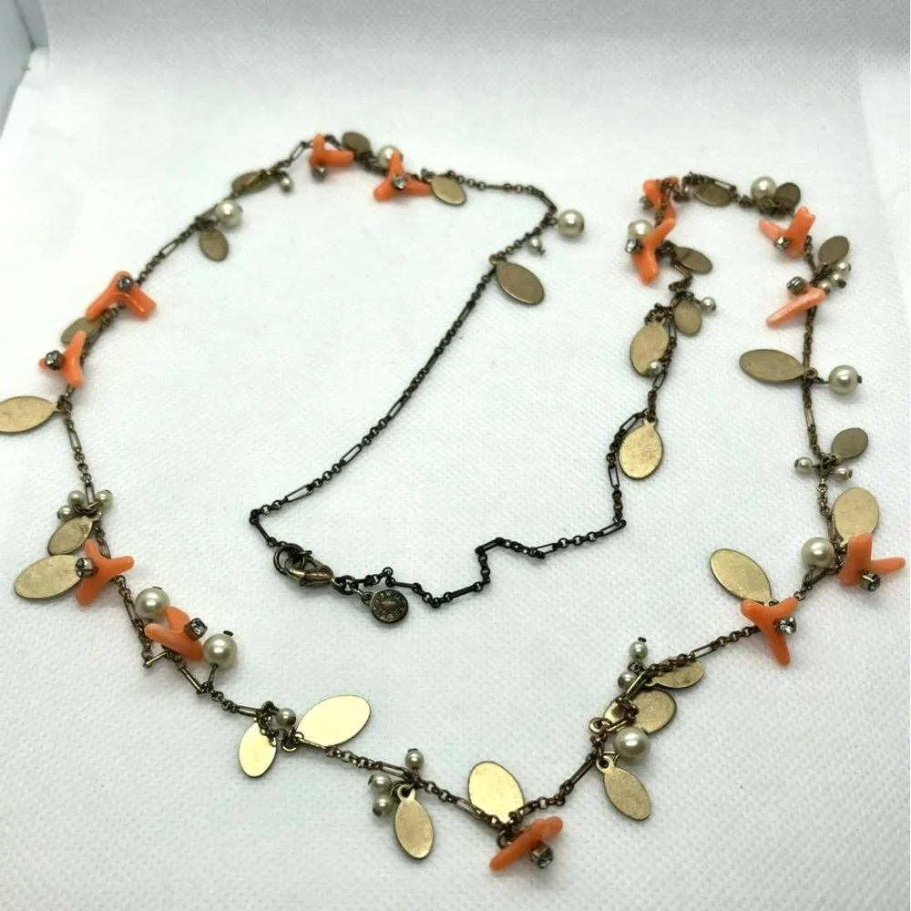 J Crew Pink Coral Like Beads Faux Pearls Rhinestones Gold Tone Necklace See Pics